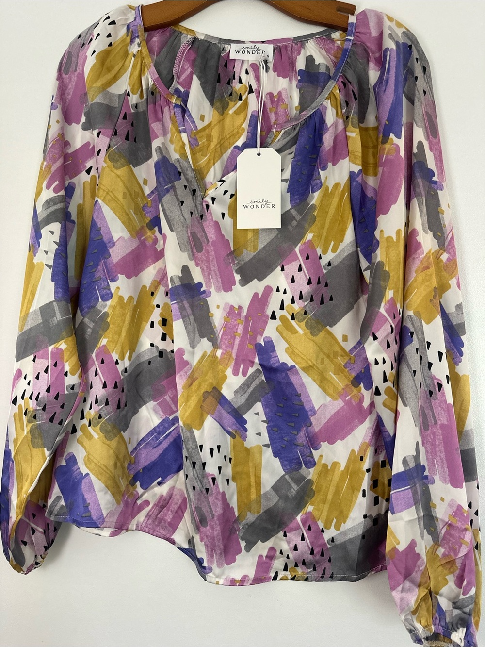 Emily Wonder Brushstroke Peasant Blouse — Pink, Purple, Gray & Gold